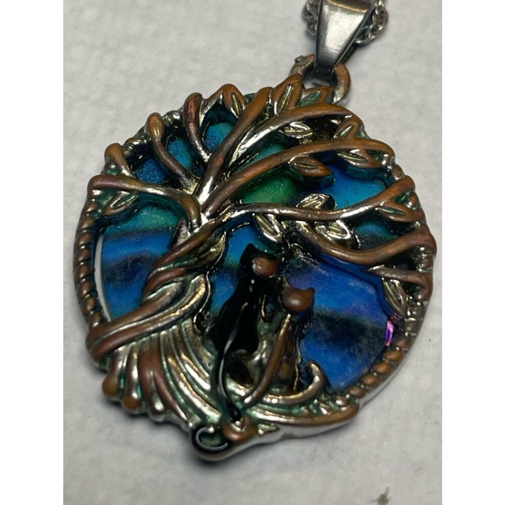 Tree of Life Silver Necklace with Blue-Green Enamel Pendant - Picture 11 of 13